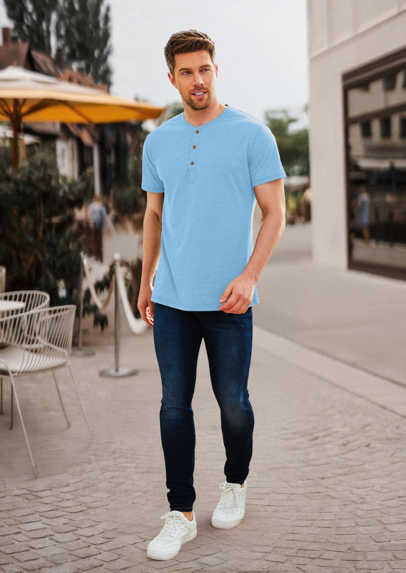 PEGENO Men's Fashion Casual Front Placket Short/Long Sleeve Henley T-Shirts Cotton Shirts (US XX-Large, A11 Light Blue) - Image 5